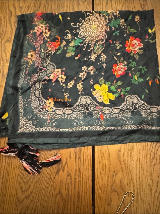 Johnny Was Accessories - Johnny Was Black Floral Square Tasseled Scarf Border Silk Scarf 42 X 42 Tassels